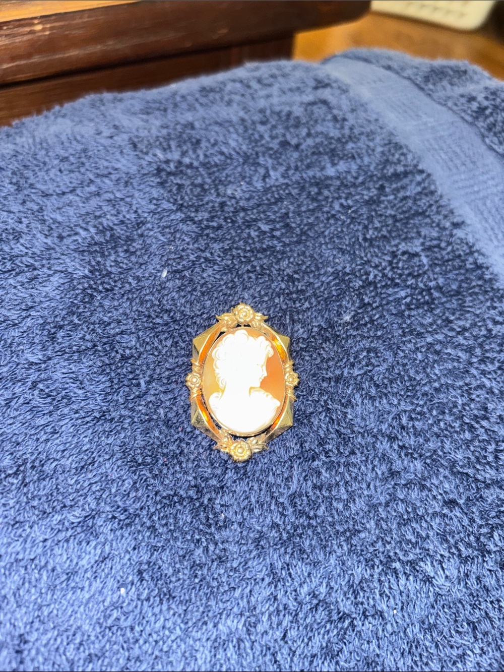 Gold-tone Cameo Brooch - Classic White on Amber Silhouette